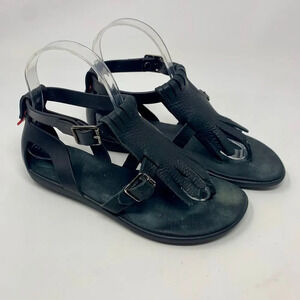 Hunter Original Fringe T-Bar Leather Sandals‎ Black